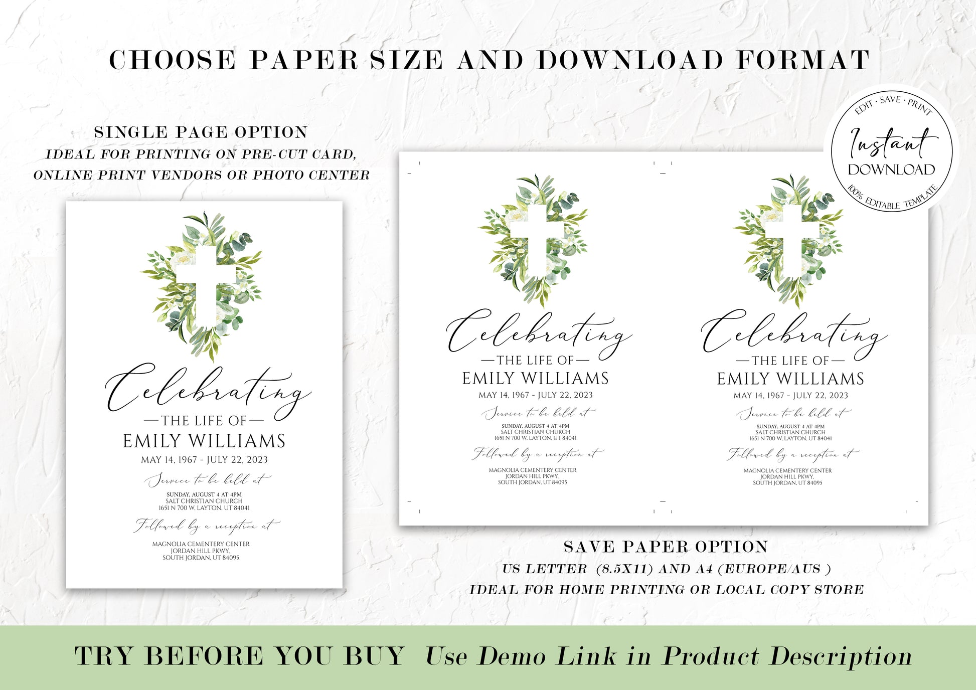 Celebration of life Watercolor Greenery Cross Funeral Invitation Template, Greenery Cross Funeral Invitation, Watercolor Greenery Cross Funeral Announcement Card