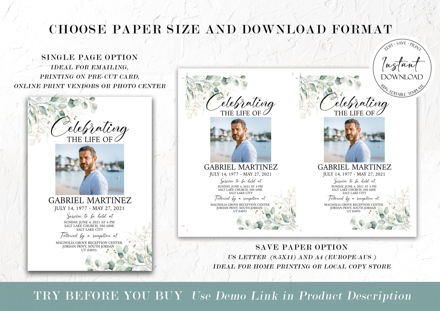 Celebration of Life Watercolor Greenery Gold Funeral Bundle, Greenery Memorial Package, Celebration of Life Package, In Loving Memory Suite Eucalyptus Funeral Set G1