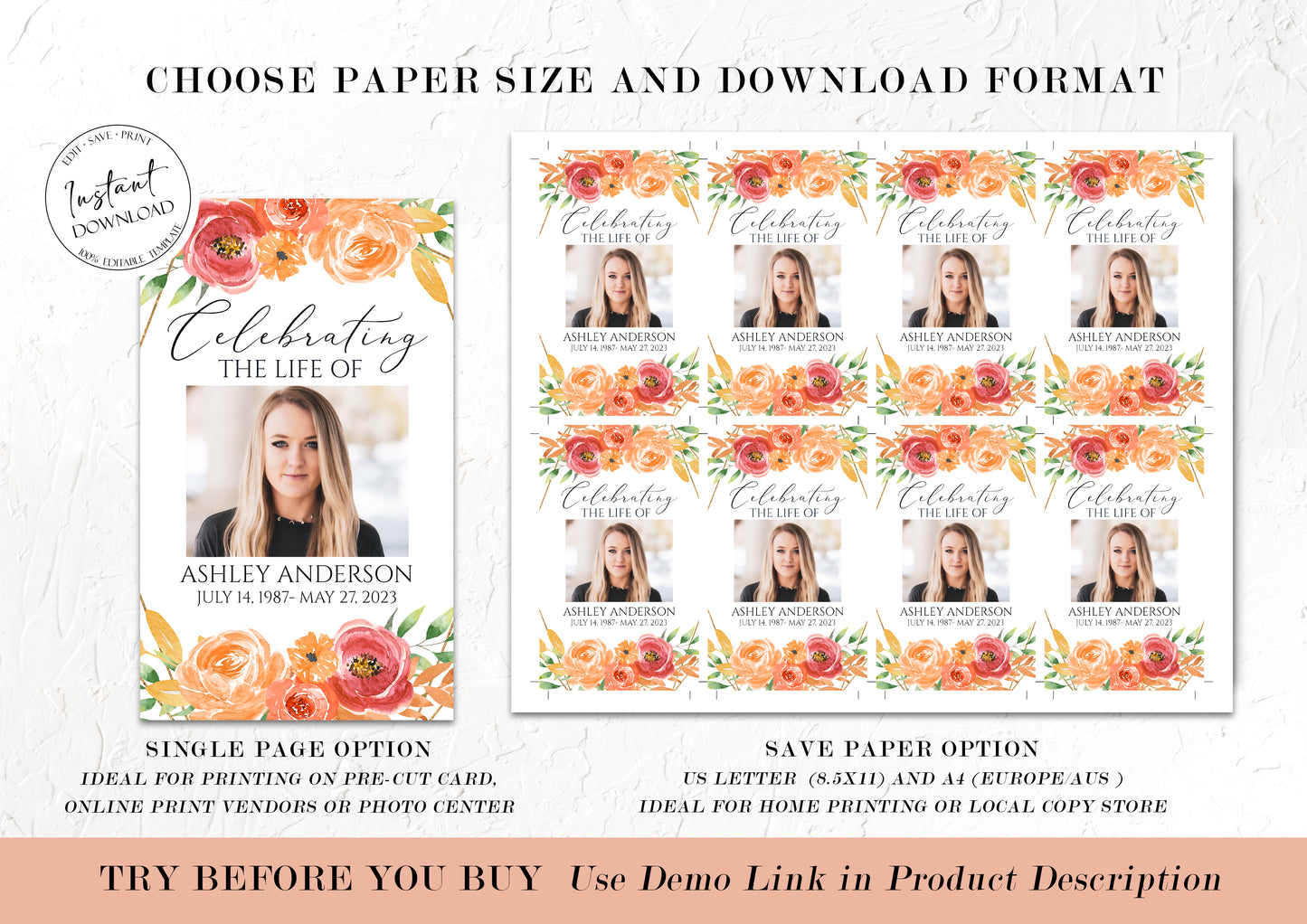 Editable Celebration of life Orange Floral Gold Fall Funeral Prayer Cards Template, Printable Fall Memorial Prayer Card, Autumn Funeral Prayer Card, Orange Catholic Card