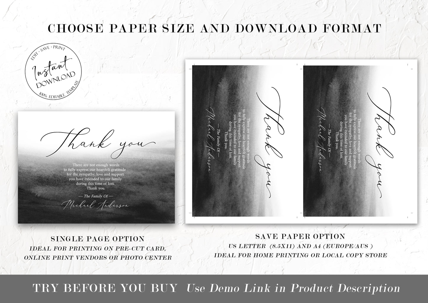 Celebration of life Black Watercolor Funeral Thank You Card Template, Black Memorial Card, Printable Black Funeral Thank You Card Template, Black Sympathy Card