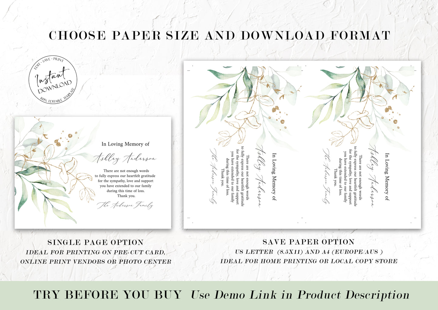 In Loving Memory Watercolor Greenery Gold Funeral Thank You Card Template , Memorial Thank you, Printable Editable Sympathy Card Condolence thank G1