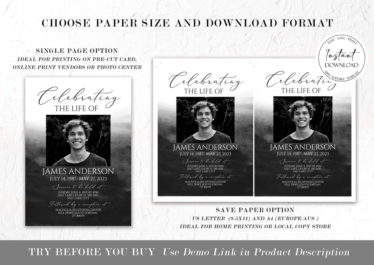 Celebration of Life Black Watercolor Funeral Bundle Templates, Black Memorial Package, Celebration of Life Package, In Loving Memory Suite, Black Funeral Set