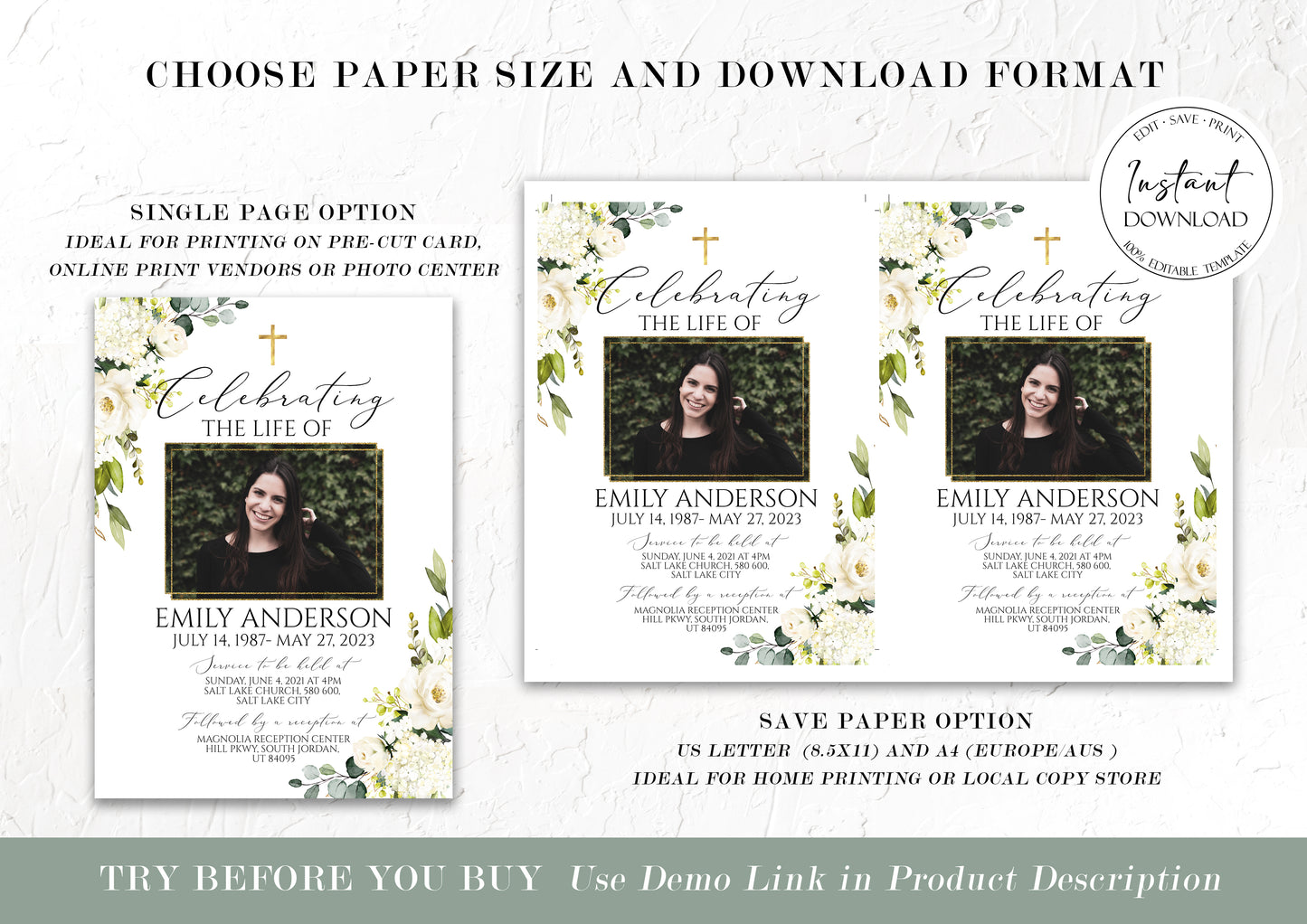 Celebration of life White Greenery Floral Gold Cross Funeral Invitation Template, Funeral Announcement, Printable White Greenery Floral Gold Cross Memorial Service Invitation