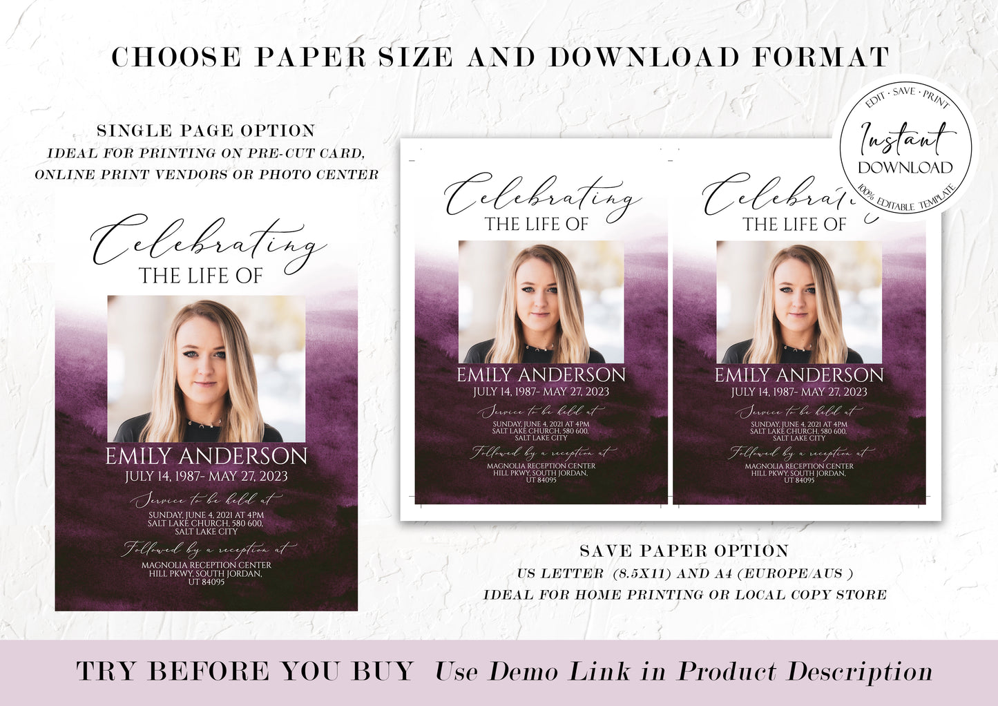 Celebration of life Pink Fuchsia Watercolor Funeral Invitation Template, Pink Watercolor Funeral Announcement, Purple Memorial Service Invite