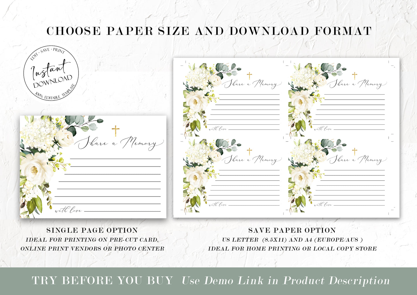 White Greenery Floral Gold Cross Share a Memory Funeral Sign and Share a Memory Card Template, Editable Gold Cross Funeral share a memory, Instant Download