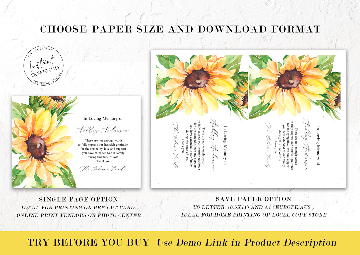 Celebration of life Sunflower Funeral Thank you Card Template , Editable Sunflower In Loving Memory Of Card, Sympathy Thank you Card, Printable Sunflower Memorial Thank You Card