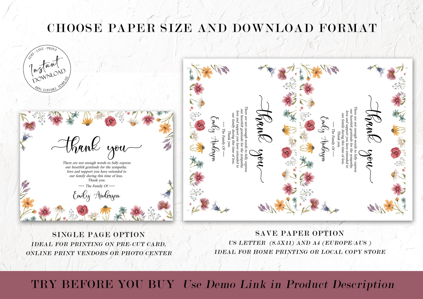 Celebration of life Red Greenery Wildflower Meadow Funeral Photo Thank You Card Template, Wildflower Memorial Thank You Cards, Editable Wildflower Sympathy Card