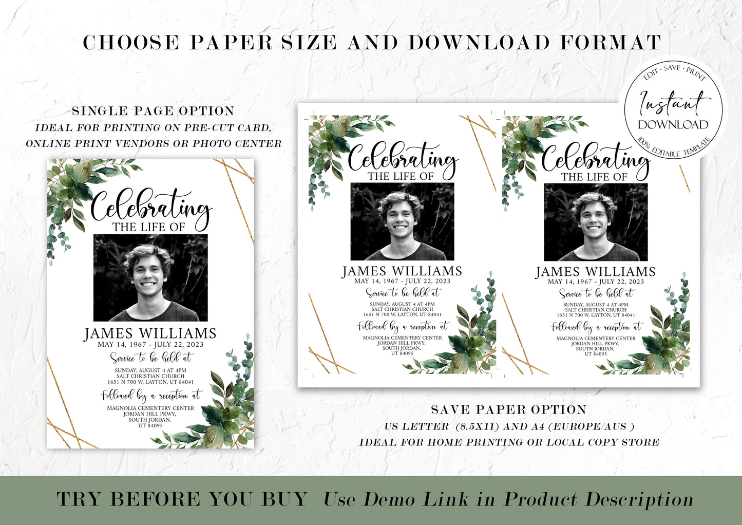 Celebration of Life Watercolor Greenery Gold Funeral Bundle Q1