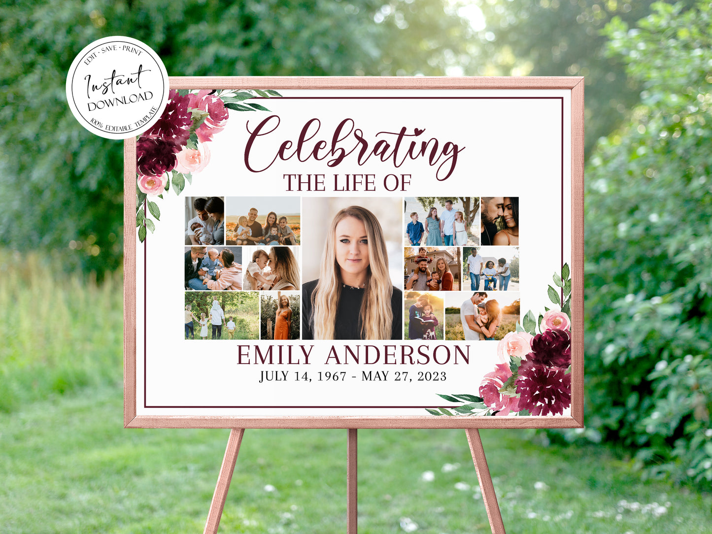 Celebration Of Life Red Photo Collage Funeral Welcome Sign, Red Roses Photo Collage Funeral Poster, Burgundy Photo Collage Memorial Sign R3