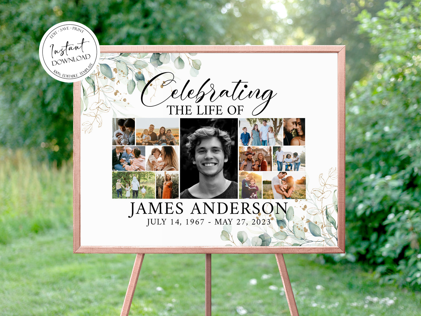 Celebration Of Life Watercolor Greenery Photo Collage Funeral Welcome Sign Template G1