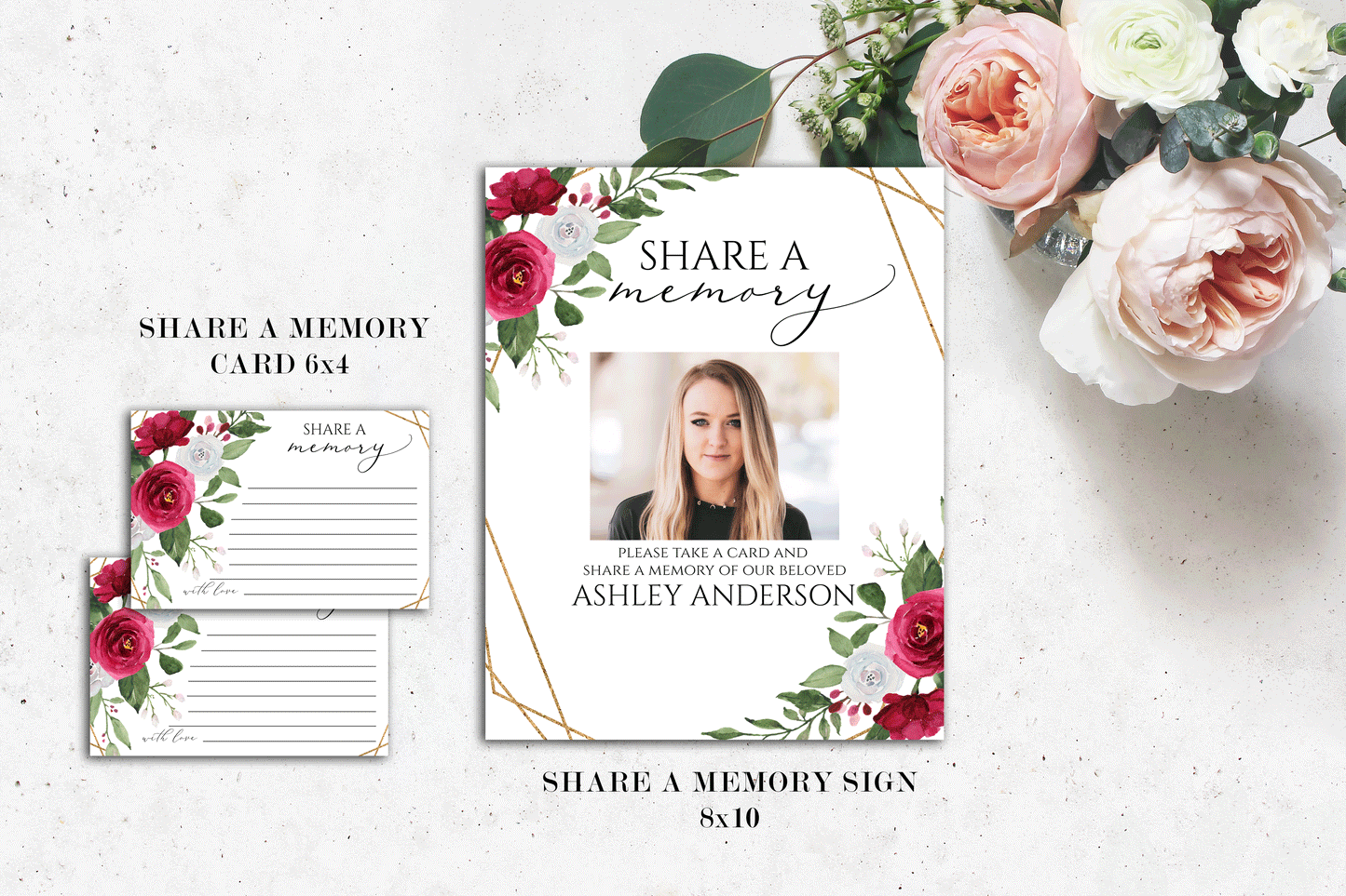 Editable White Pink Roses Funeral Bundle, Memorial Package, Celebration of Life Package In Loving Memory Suite Funeral Bundle Funeral Set P2