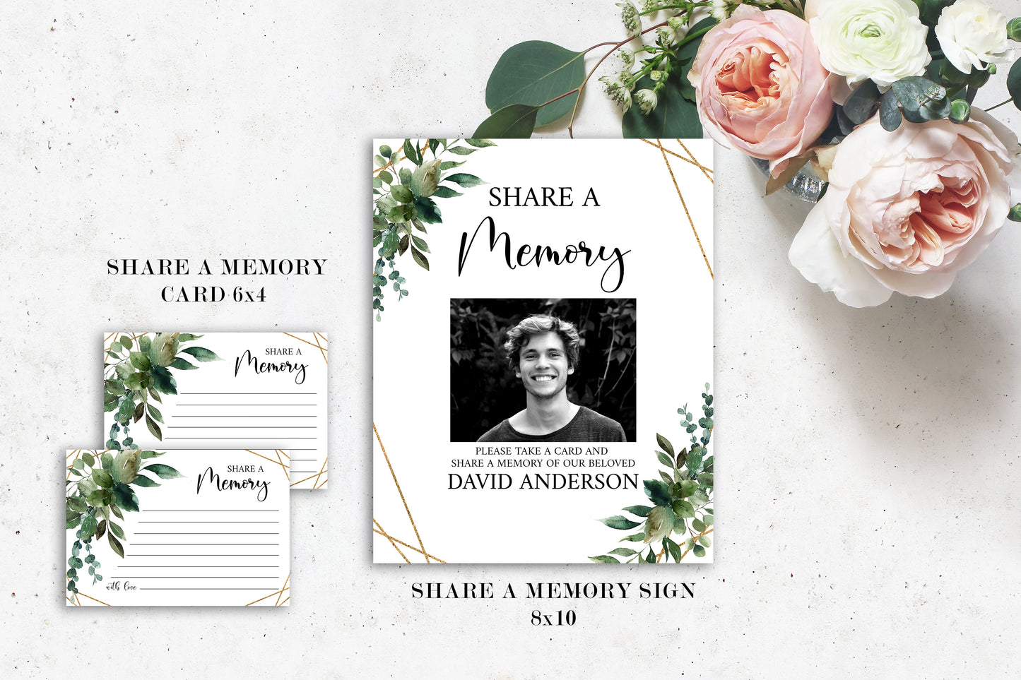 Celebration of Life Watercolor Greenery Gold Funeral Bundle Q1