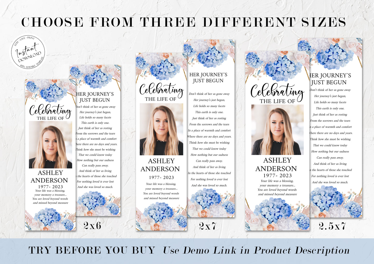 Celebration of Life Blush Roses White Blue Hydrangea Funeral Bookmark Template O1