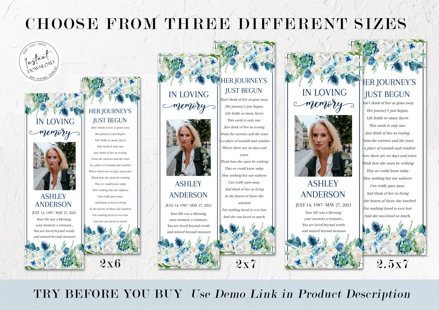 In Loving Memory Blue White Floral Funeral Bookmark Template, Blue White Funeral Bookmark, Memorial Bookmark, Obituary Bookmark, Funeral Memory Bookmark B1