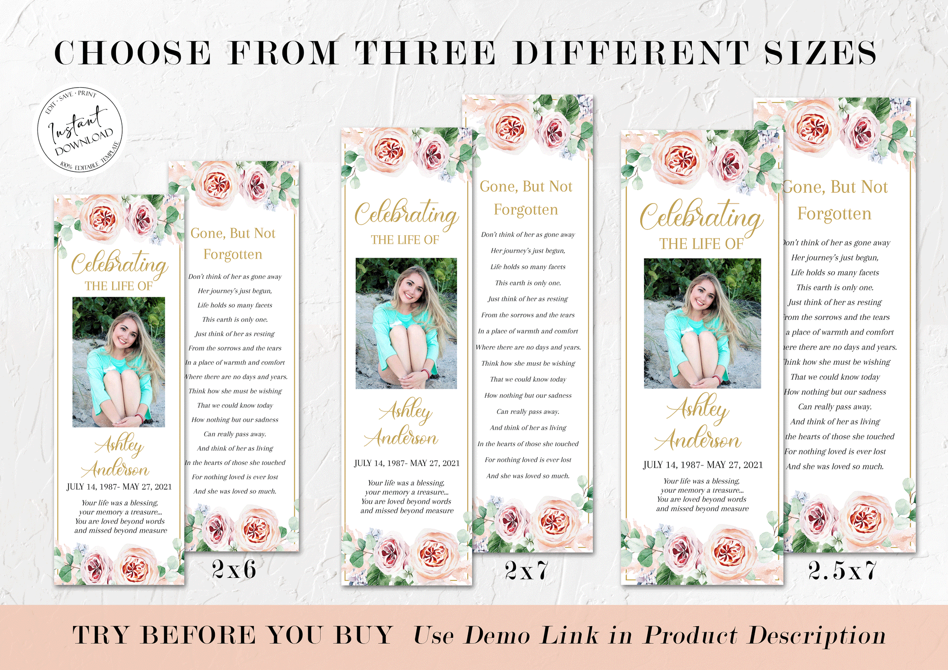 Blush Pink Roses Greenery Funeral Bookmark Template, Celebration of Life Bookmark, Funeral Keepsake Cards, Floral Pink Roses Greenery Memorial Bookmark, Obituary Bookmark F1
