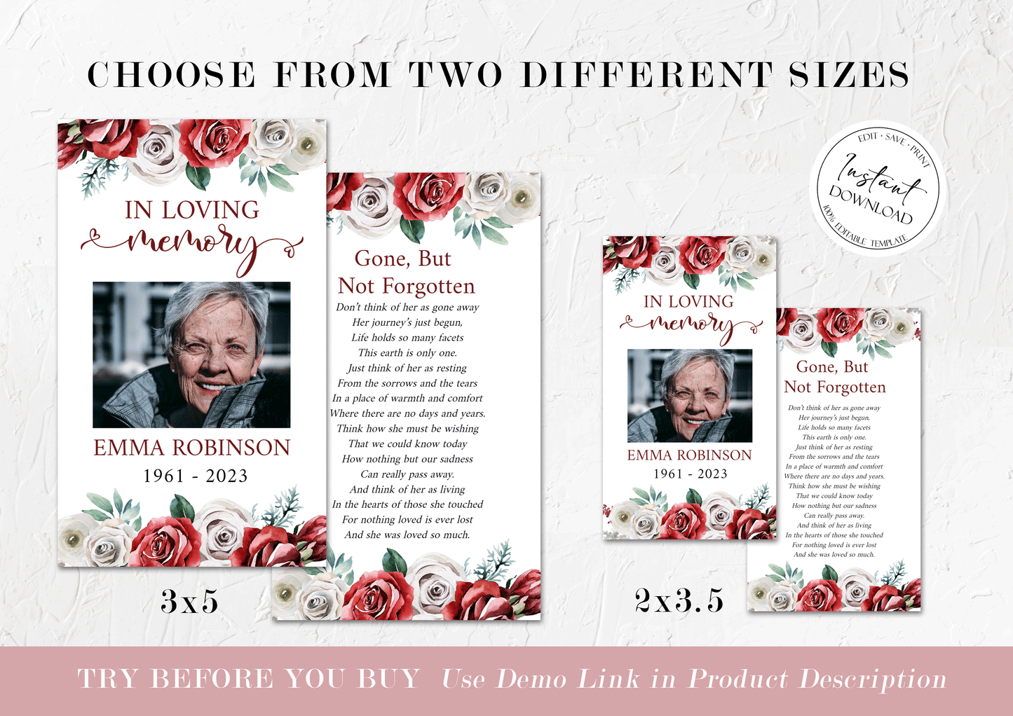 Burgundy Funeral Prayer Cards, Printable Red Roses Memorial Prayer Card Template, Red Roses Funeral Prayer Card, Catholic Prayer Cards, R2