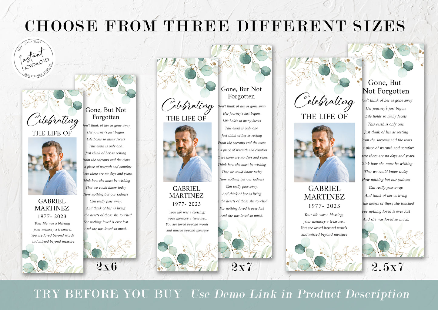 Celebration of Life Watercolor Greenery Gold Funeral Bookmark Template, Funeral Keepsake Cards, Greenery Memorial Bookmark, Obituary Bookmark G1