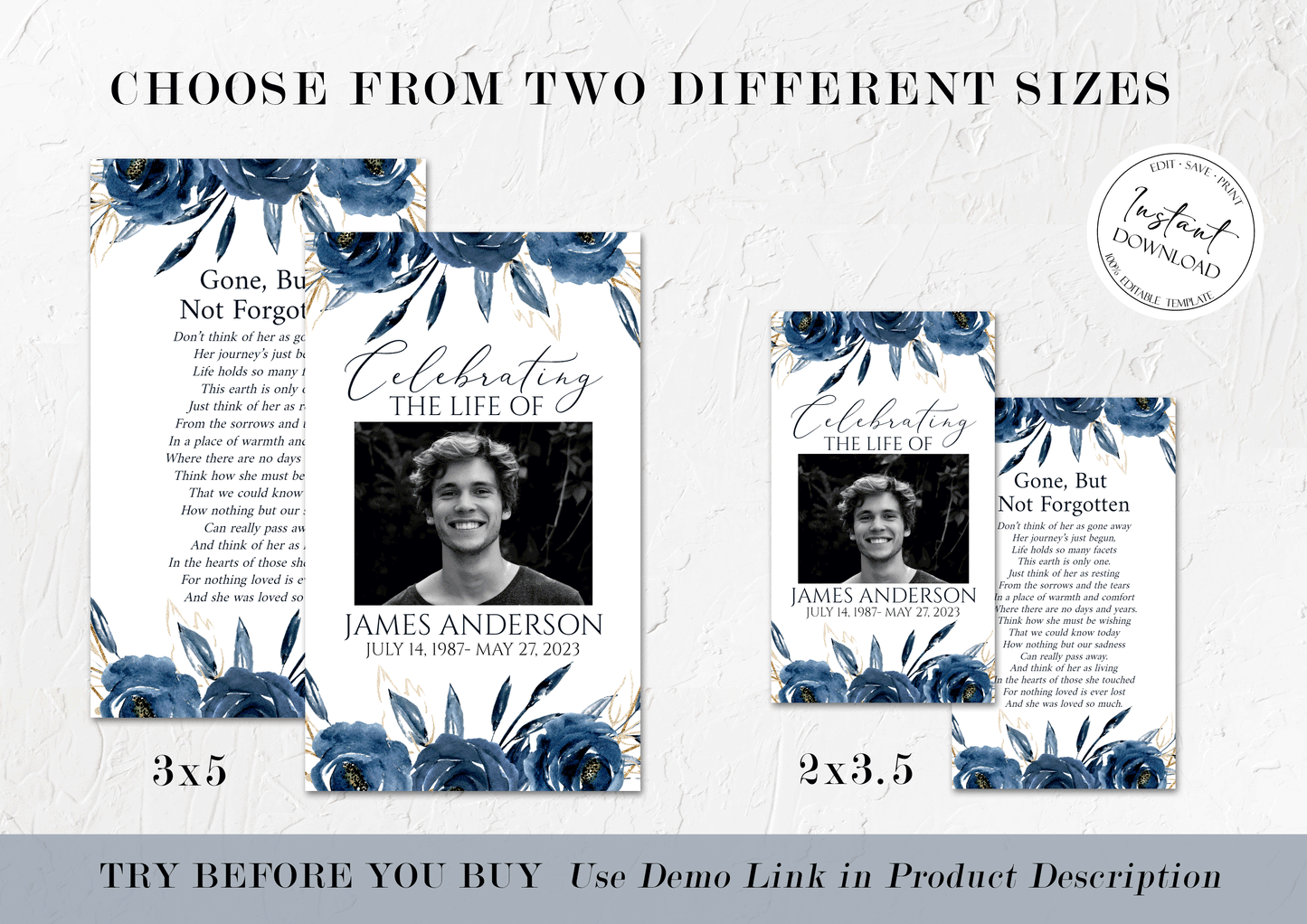 Celebration of life Royal Blue Flowers Gold Funeral Prayer Card Template, Printable Royal Blue Memorial Prayer Card Template, Blue Floral Prayer Cards, Blue Catholic Prayer Card B2