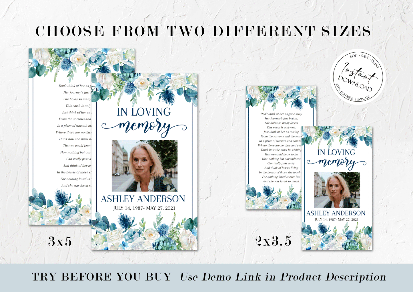 In Loving Memory Blue White Floral Funeral Prayer Card Template, Printable Memorial Prayer Card Template, Blue White Floral Funeral Prayer Card B1
