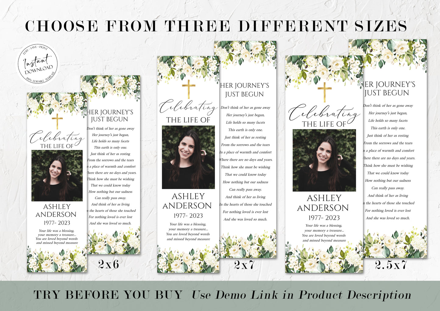 Celebration of Life White Greenery Floral Gold Cross Funeral Bookmark Template, Gold Cross Memorial Bookmark Catholic Funeral Keepsake Bookmark for funeral Funeral Favor