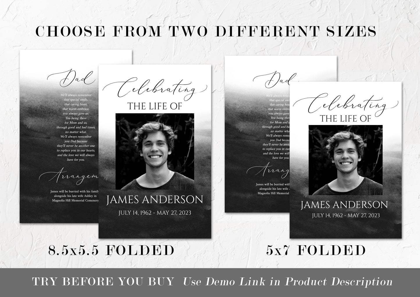 Celebration of Life Black Watercolor Funeral Program Template, Black Watercolor Funeral Brochure, Black Memorial Program, Black Obituary Program for men B6