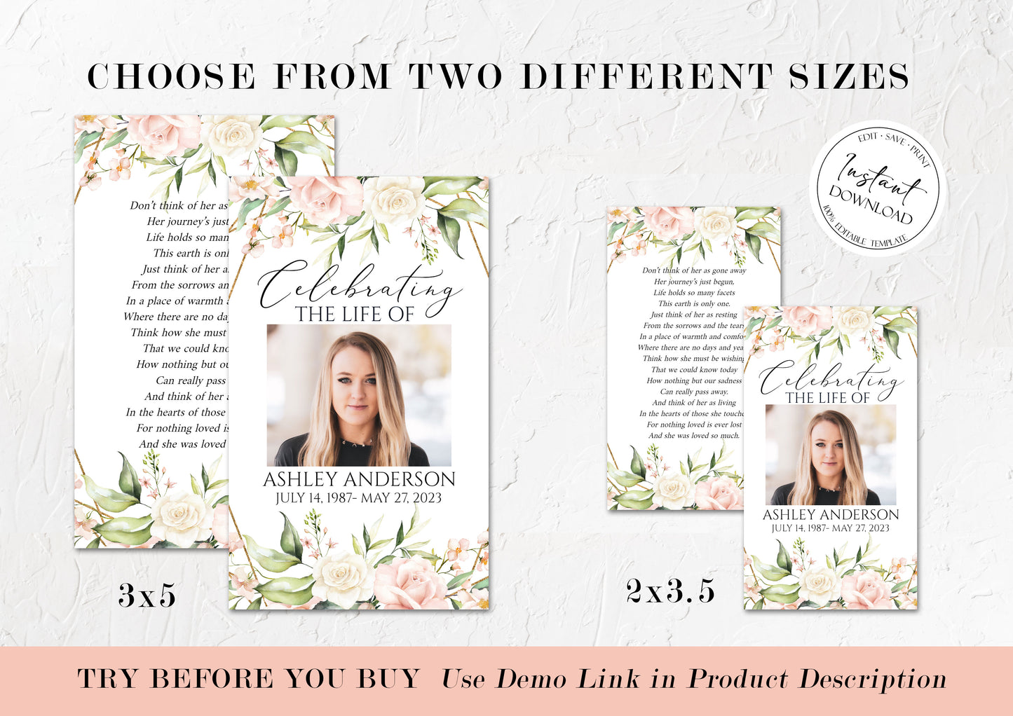 Celebration Of Life Blush Pink Roses Funeral Prayer Card Template P4
