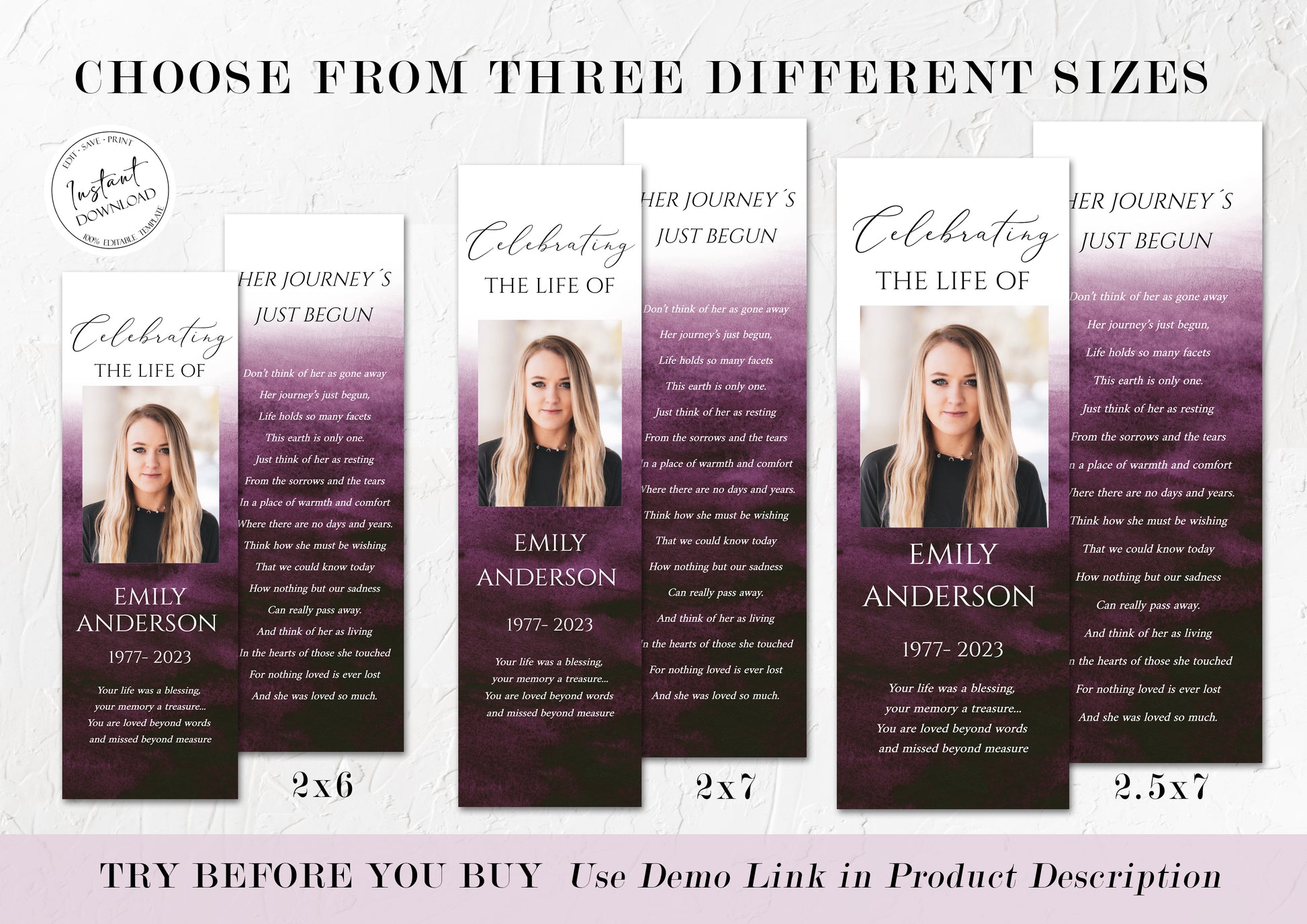 Celebration of Life Pink Fuchsia Watercolor Funeral Bookmark Template, Funeral Keepsake, Pink Fuchsia Watercolor Memorial Bookmark, Obituary Bookmark