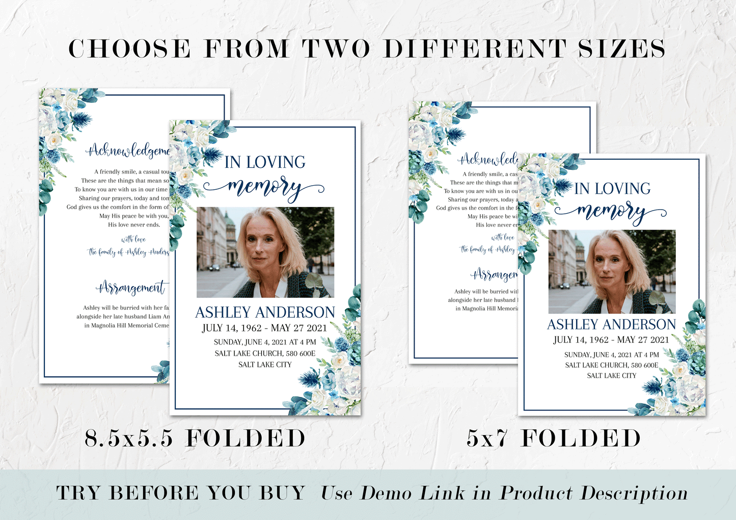In Loving Memory Blue White Floral Funeral Program Template, Blue White Floral Funeral Brochure Template, Memorial Program, Obituary Program, Funeral Mass Program B1