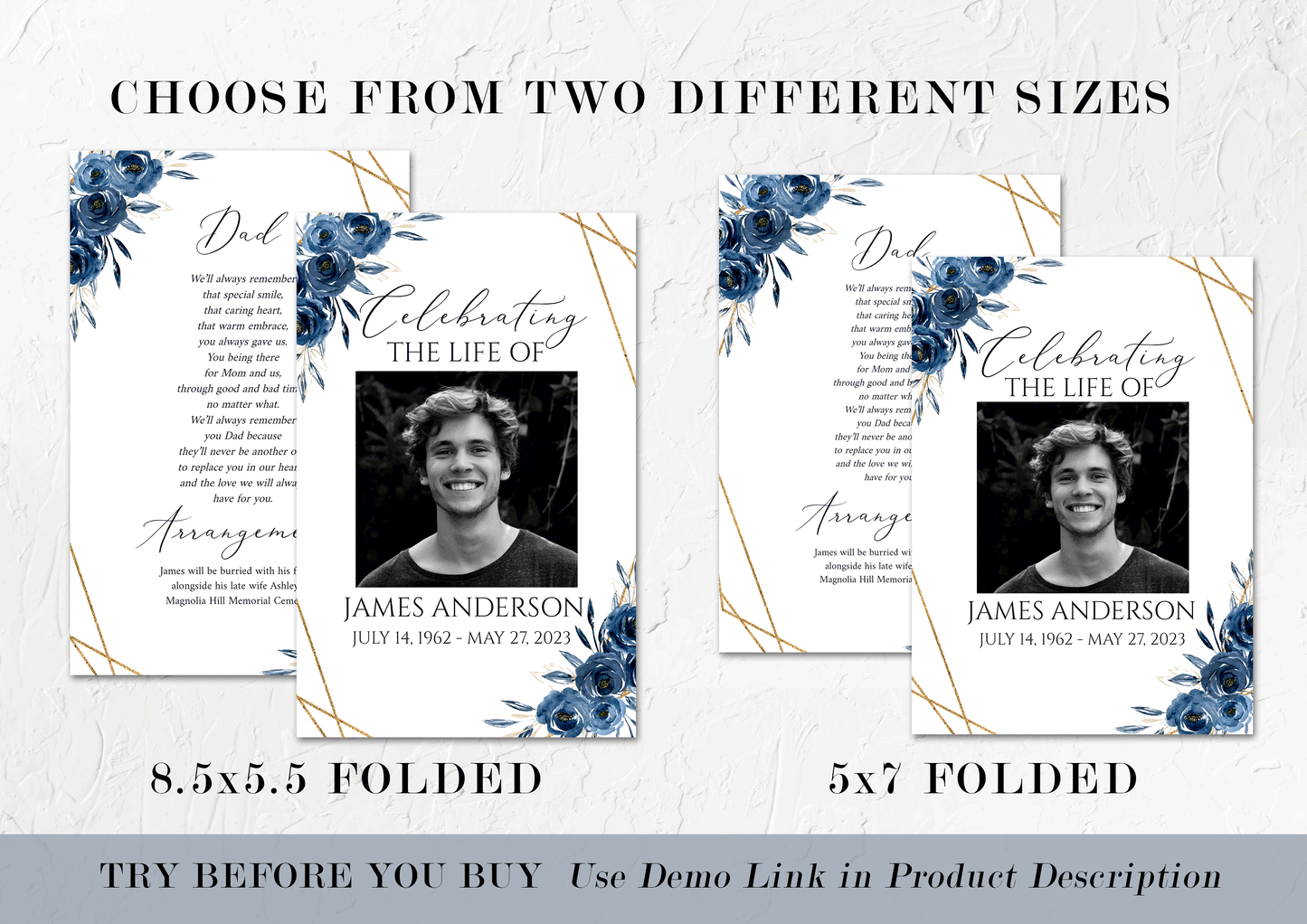 Celebration of Life 8 Page Royal Blue Flowers Gold Funeral Program Template, Blue Floral Funeral Memorial Program, Royal Blue Obituary Program Template B2