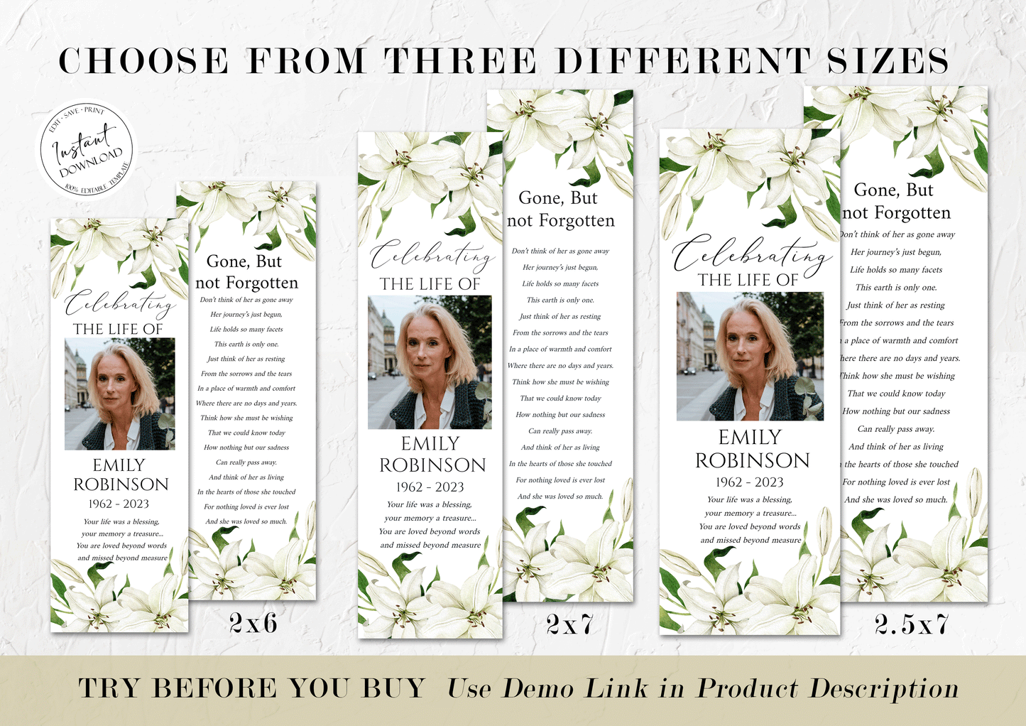 Celebration of Life White Lilies Greenery Gold Funeral Bookmark Template, Funeral Keepsake Cards, White Lilies Memorial Bookmark, Obituary Bookmark