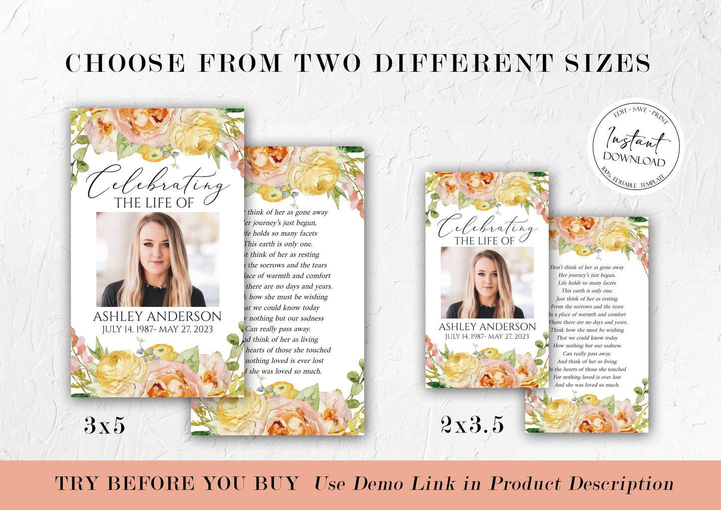 Celebration Of Life Elegant Yellow Pink Floral Funeral Prayer Card Template, Printable Elegant Yellow Pink Floral Memorial Prayer Card, Catholic Mass Card, Obituary Card