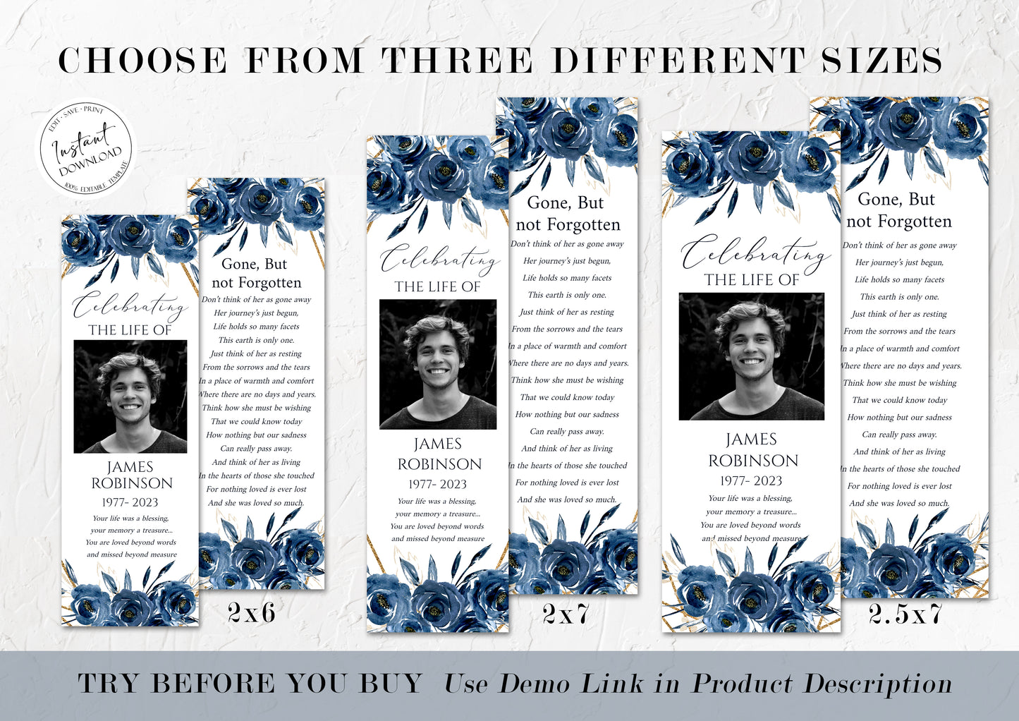 Celebration of life Royal Blue Flowers Gold Funeral Bookmark Template, Celebration of Life Bookmark, Funeral Keepsake Cards, Blue Memorial Bookmark Blue Obituary Bookmark B2