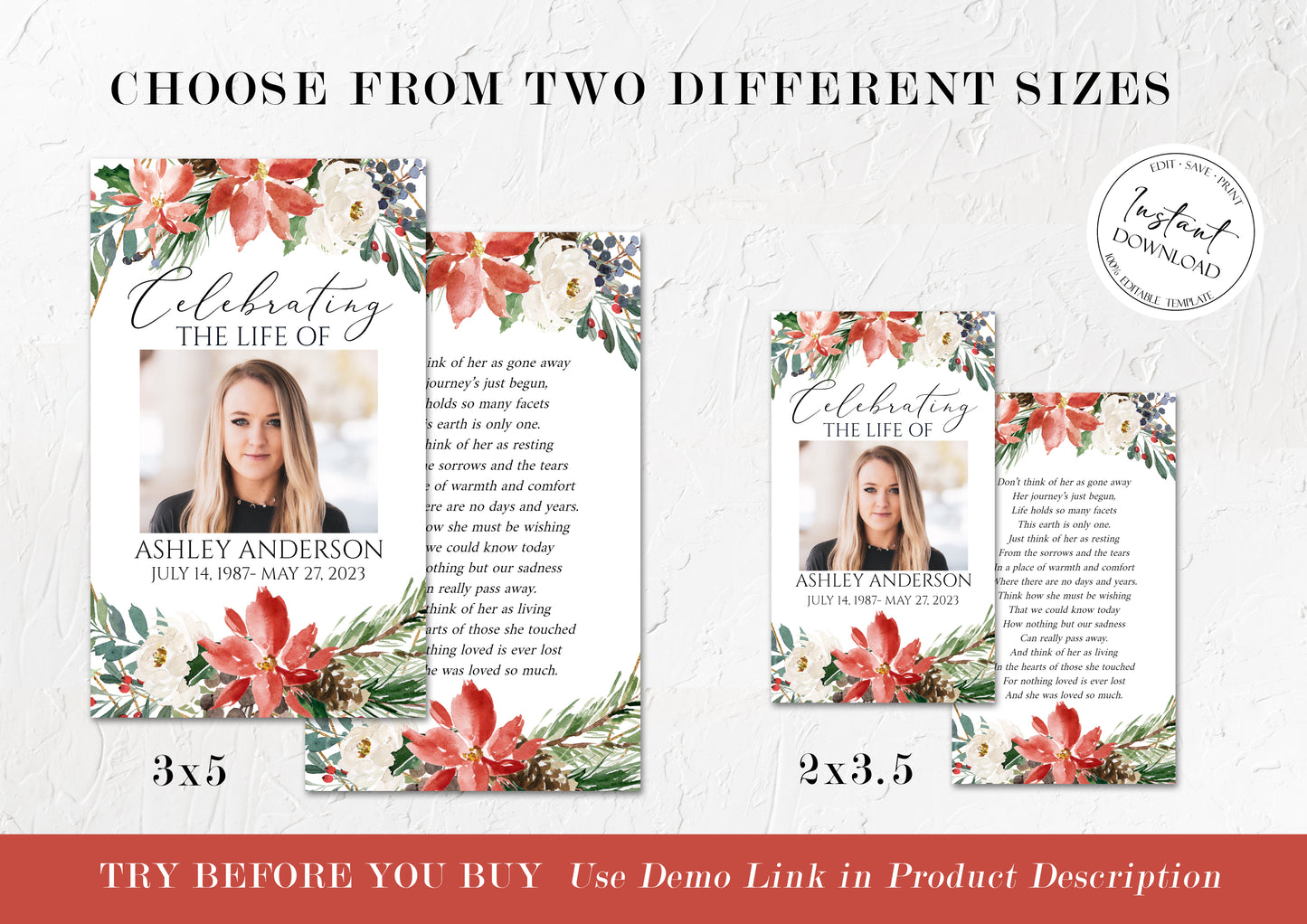 Celebration Of Life Christmas Winter Red Greenery Gold Funeral Prayer Card Template, Winter Memorial Prayer Card Template Funeral Prayer Card, Catholic Mass Card