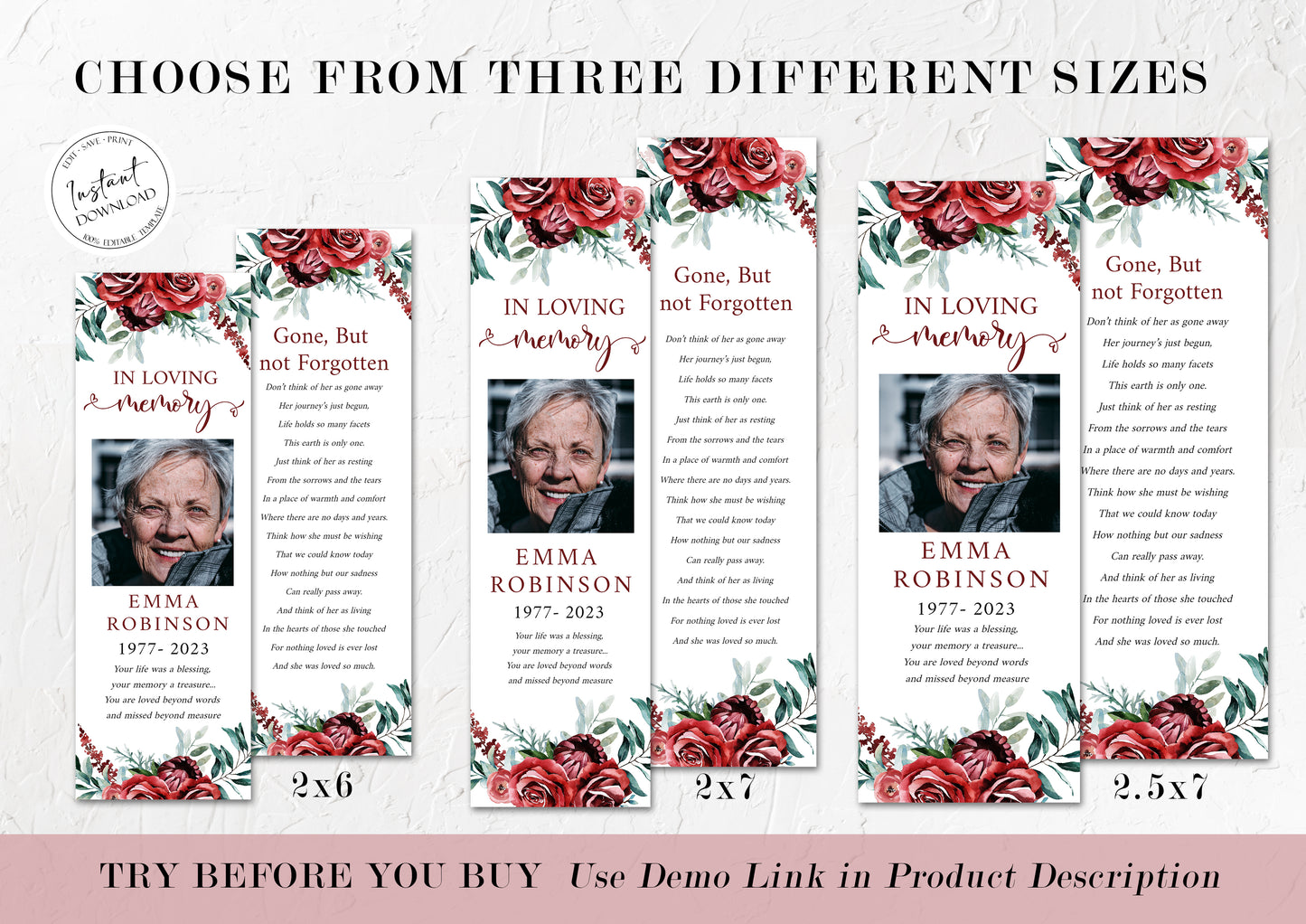 Red Roses Funeral Bookmark Template, Celebration of Life Bookmark, Funeral Keepsake Cards, Burgundy Memorial Bookmark, Obituary Bookmark R2