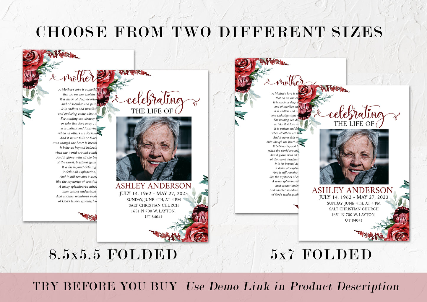Celebration of Life Funeral Program Template, Red Funeral Brochure, Red Roses Memorial Program, Obituary Program Funeral Program Template R2