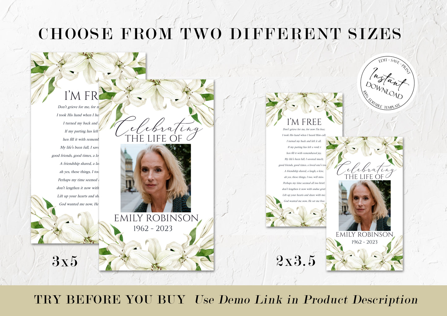 Editable Celebration of Life White Lilies Greenery Gold Funeral Prayer Card Template White Lilies Remembrance Card, Funeral Mass Card, White Lilies Funeral Keepsake