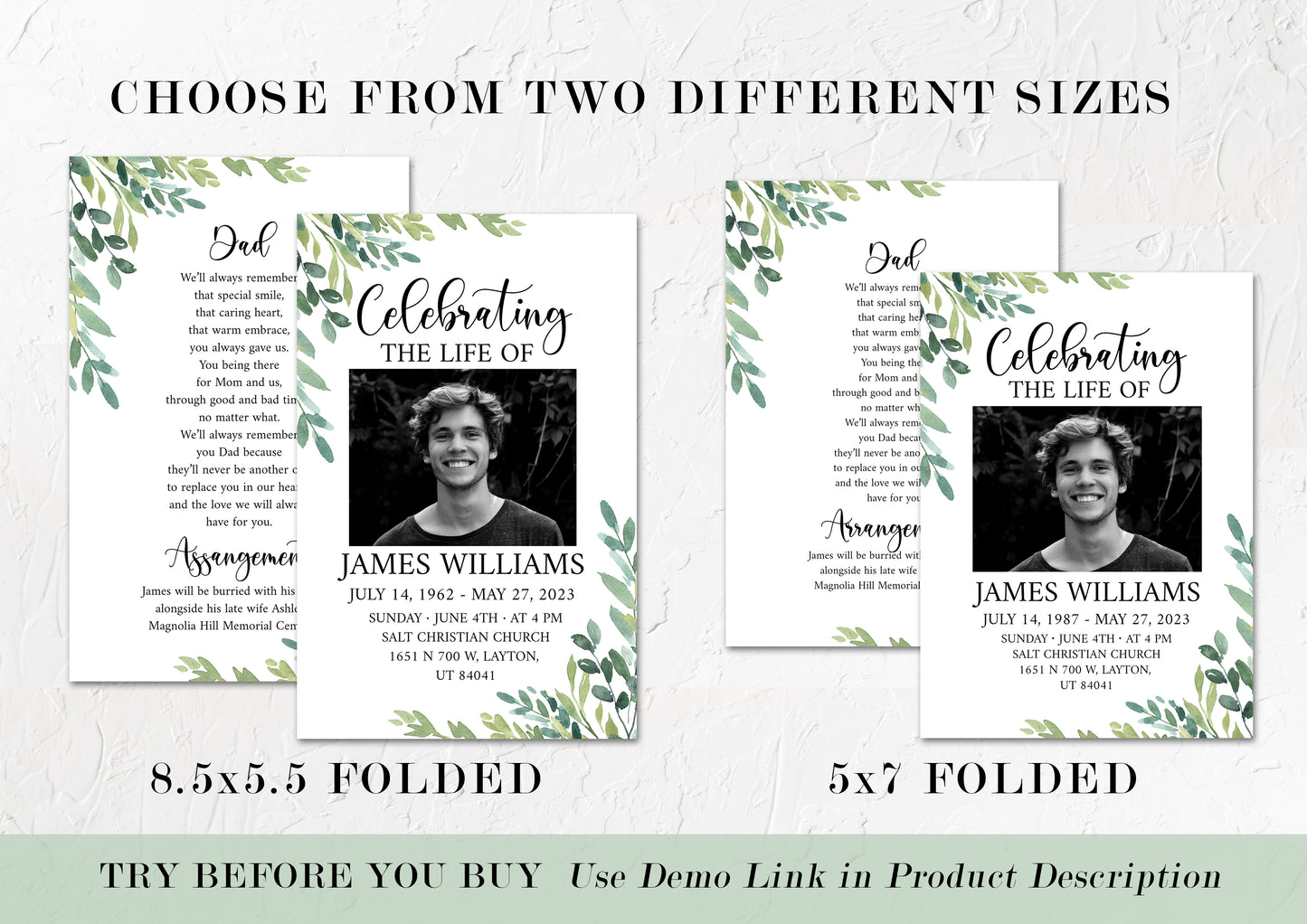 Celebration of Life 8 Page Greenery Watercolor Funeral Program Template Funeral Brochure, Editable Greenery Memorial Program Green Obituary Program G2