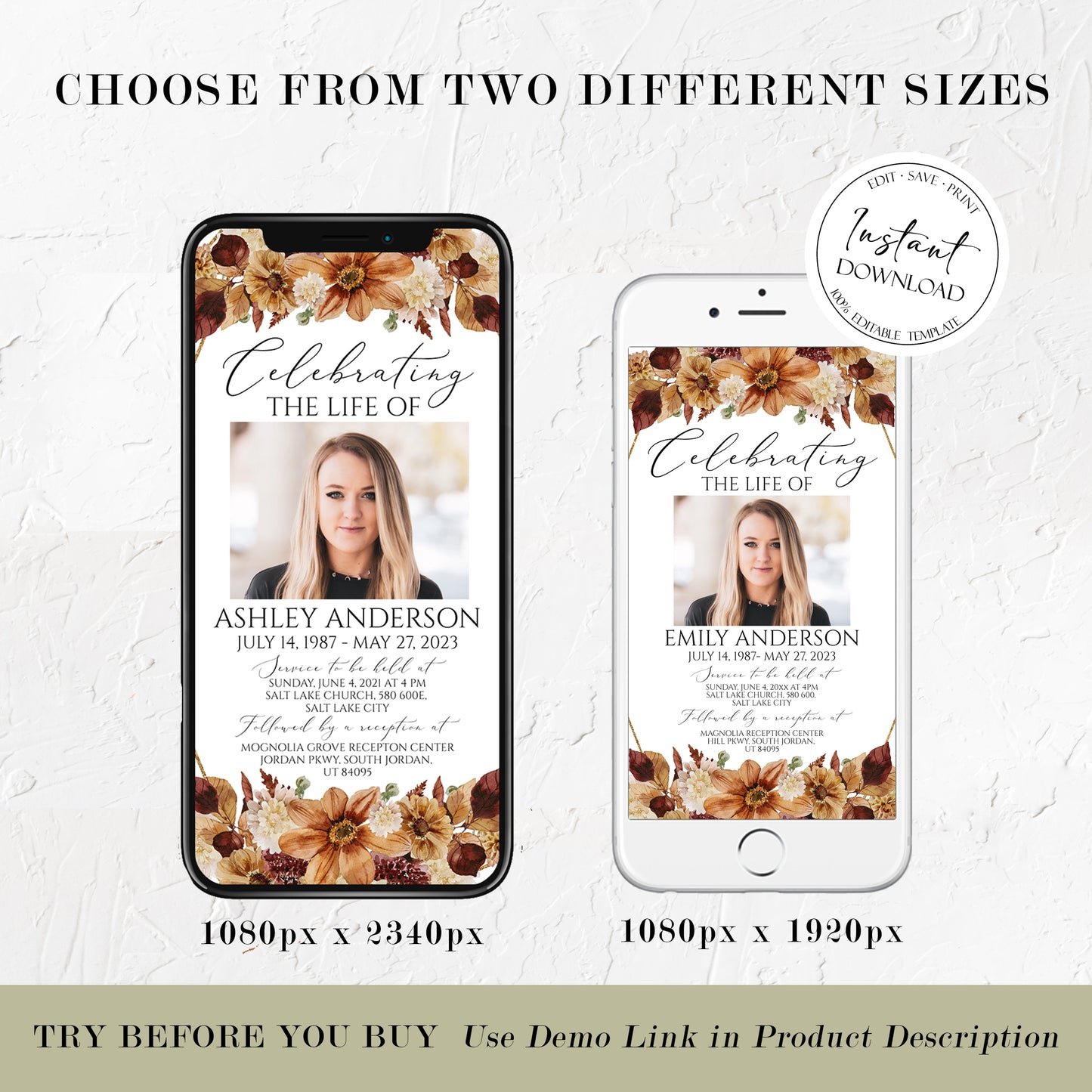 Celebration of life Orange Brown Dried Leaves Fall Digital Funeral Invitation Template F3