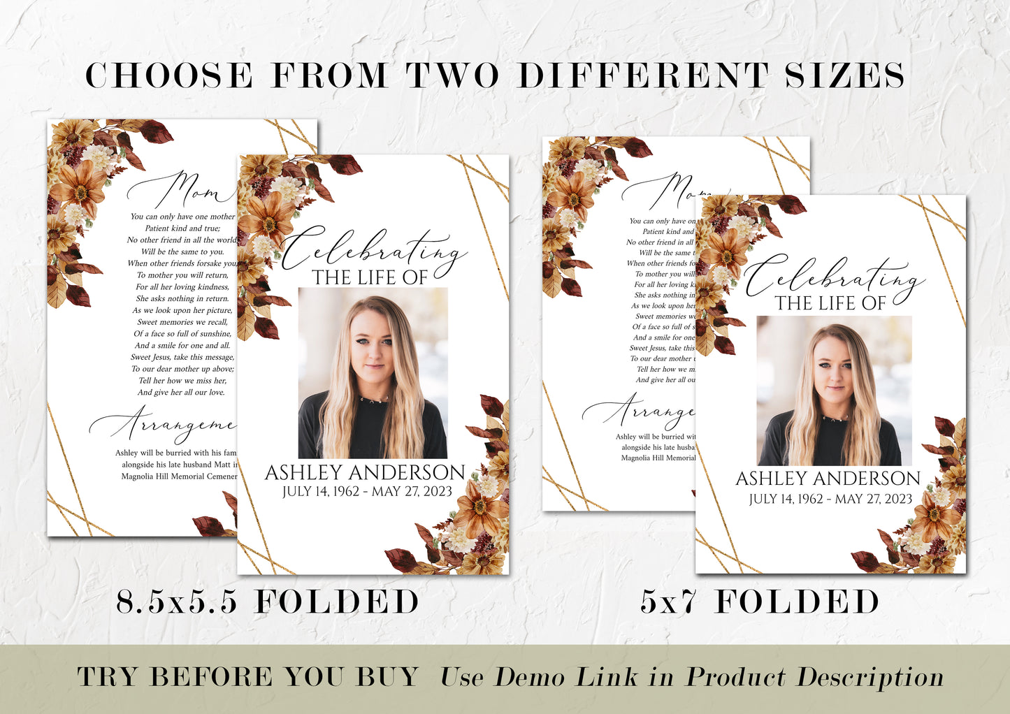 Celebration of life Orange Brown Dried Leaves Fall Funeral Program Template F3