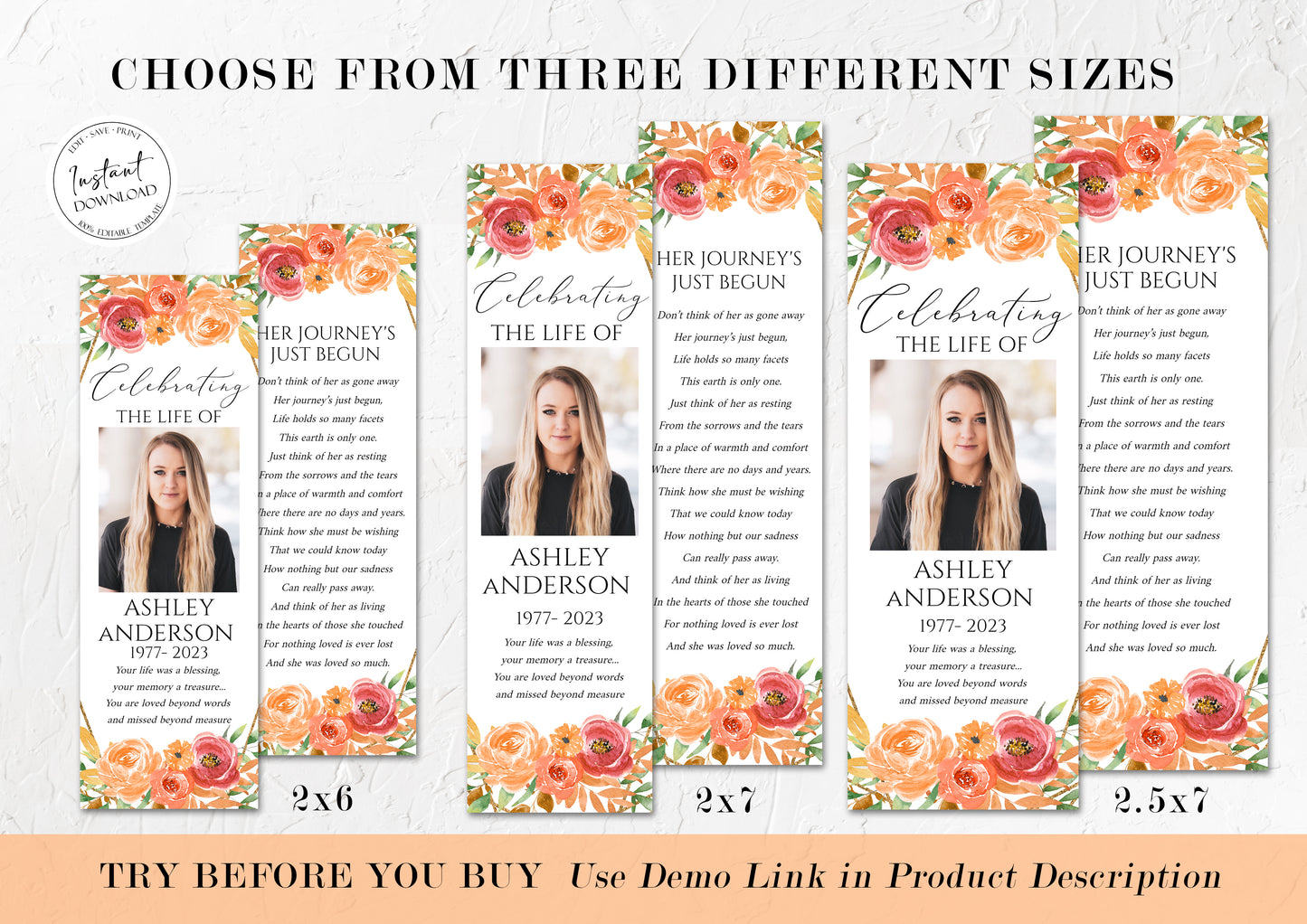 Celebration of Life Orange Floral Gold Fall Funeral Bookmark Template, Autumn Funeral Keepsake Card Orange Memorial Bookmark Fall Celebration of Life Bookmark