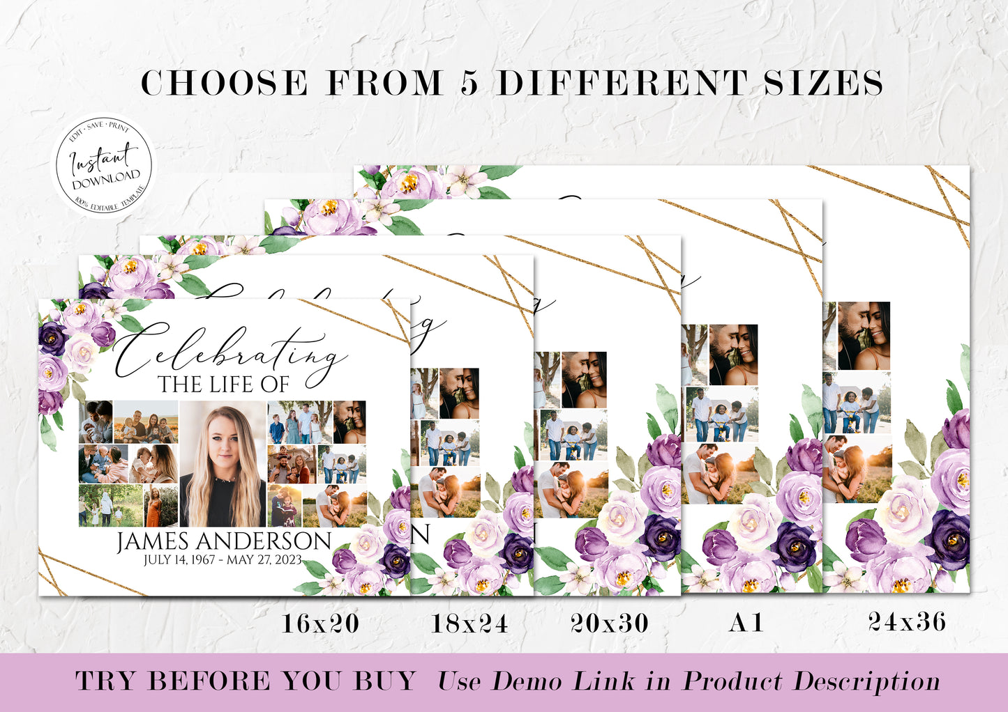 Celebration Of Life Multiple Photos Funeral Welcome Sign, Editable Simple Floral Purple Photo Collage Funeral Poster, Photo Collage Memorial Service Sign, P1
