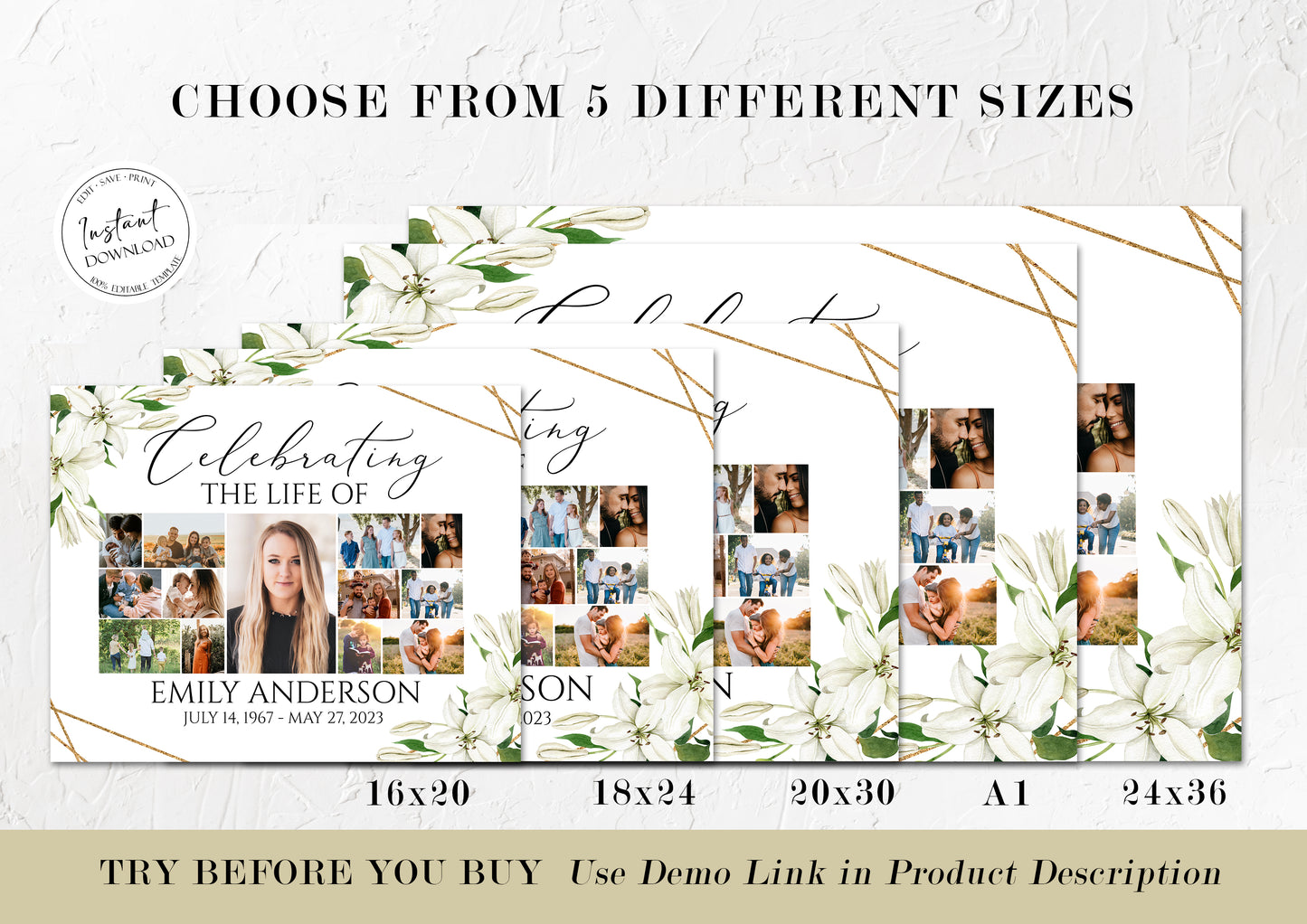 Celebration Of Life White Lilies Greenery Gold Photo Collage Funeral Welcome Sign Template WL1