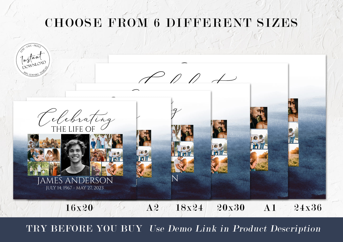 Celebration Of Life Multiple Photos Funeral Welcome Sign, Blue Watercolor Collage Funeral Poster, Ocean Photo Collage Memorial Service Sign B5