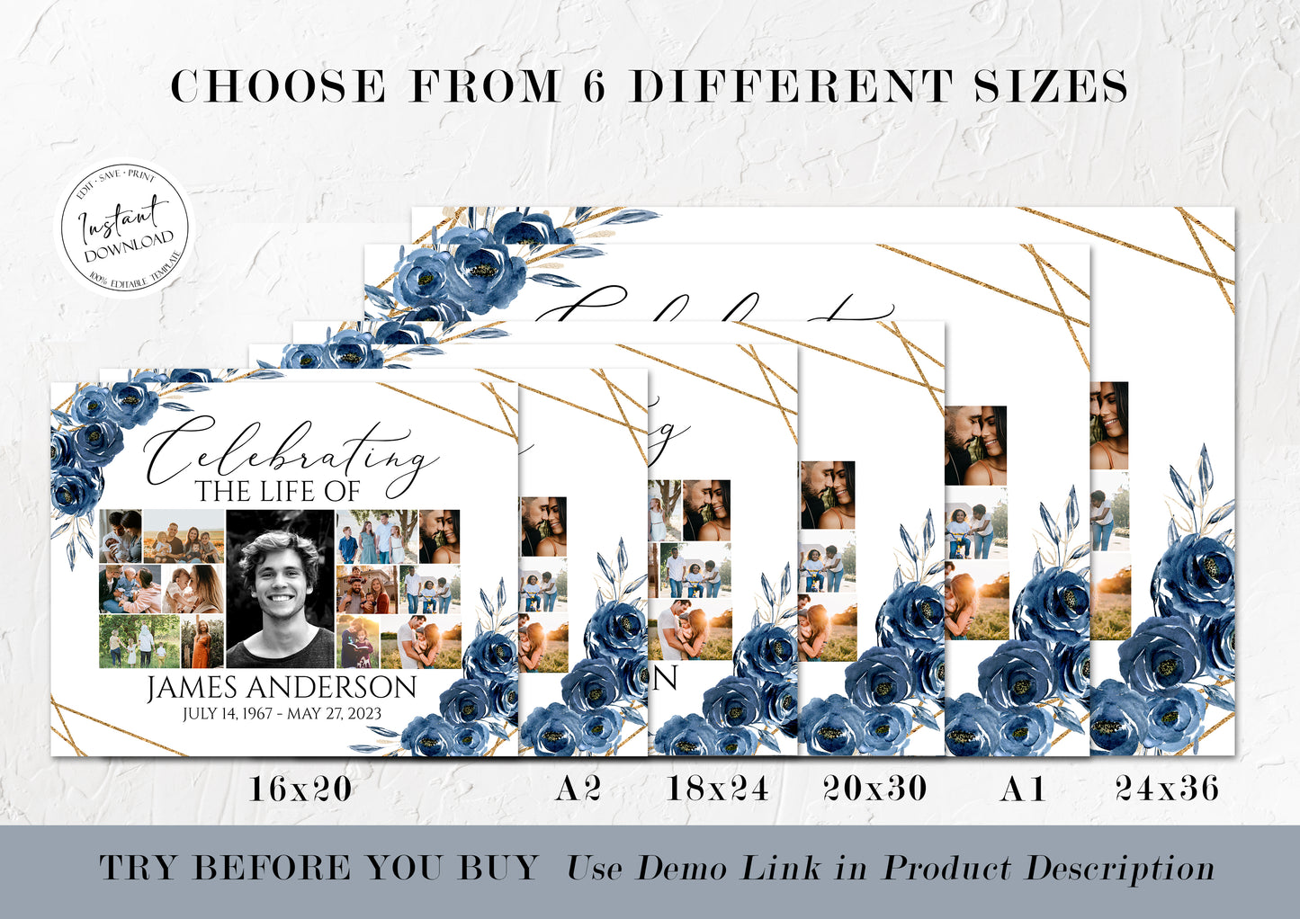 Celebration Of Life Royal Blue Flowers Gold Photo Collage Funeral Welcome Sign Template, Editable Royal Blue Photo Collage Funeral Poster, Collage Memorial Service Sign
