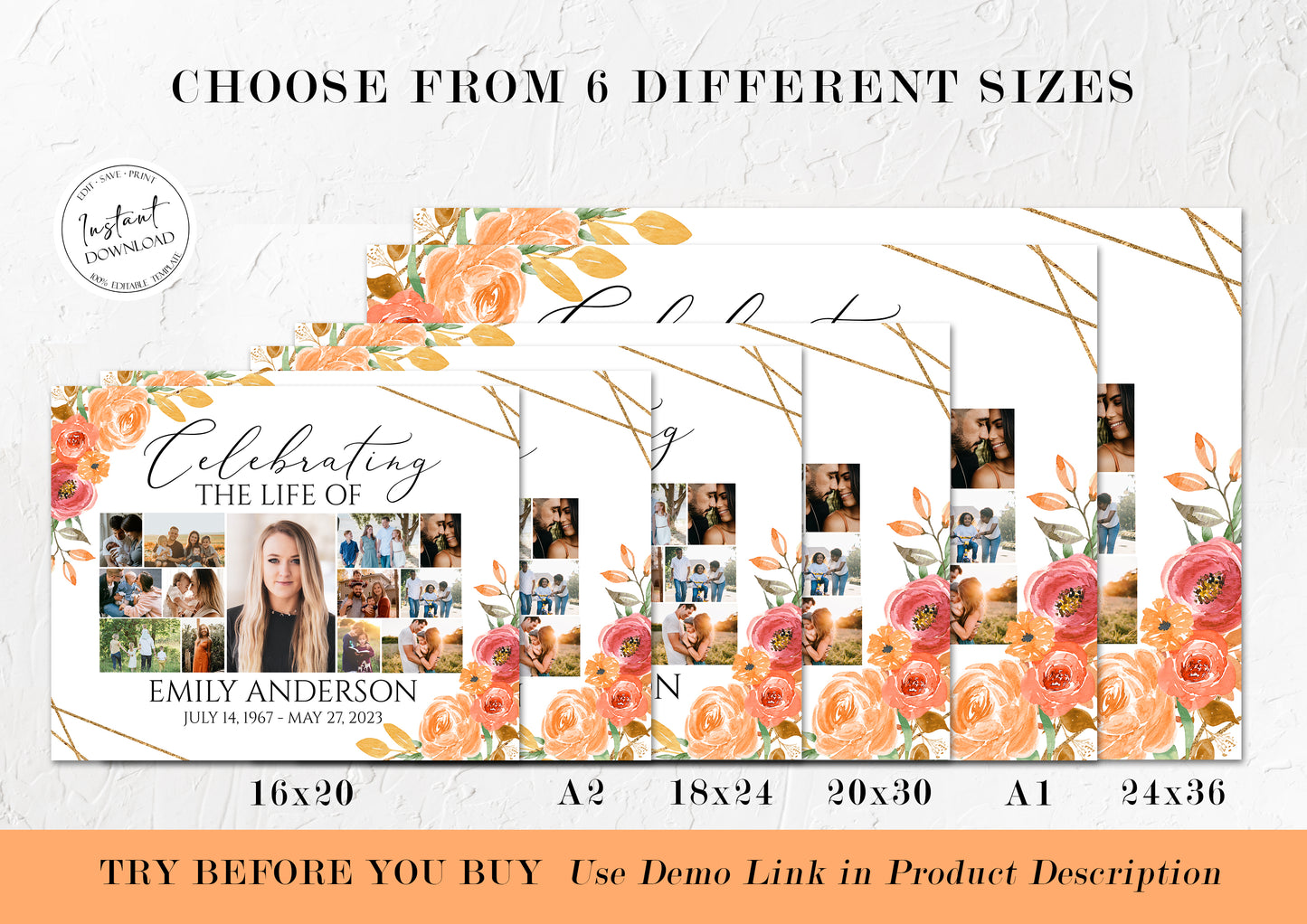 Celebration Of Life Orange Floral Gold Fall Photo Collage Funeral Welcome Sign Template, Editable Autumn Orange Flowers Photo Collage Memorial Sign