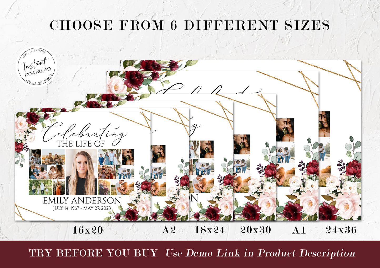 Red Roses Celebration Of Life Funeral Welcome Sign Multiple Photos Funeral Poster Editable Red Roses Greenery Photo Collage Memorial Sign R1