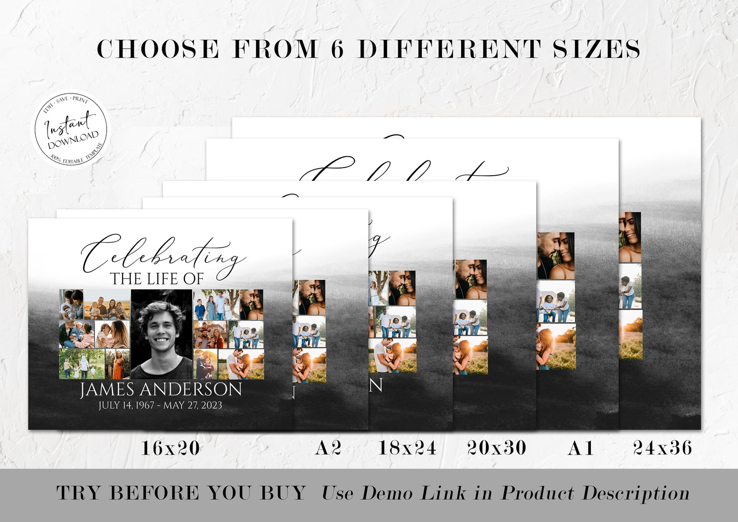 Celebration Of Life Black Watercolor Photo Collage Funeral Welcome Sign Template, Black Watercolor Collage Funeral Poster, Photo Collage Memorial Service Sign B6