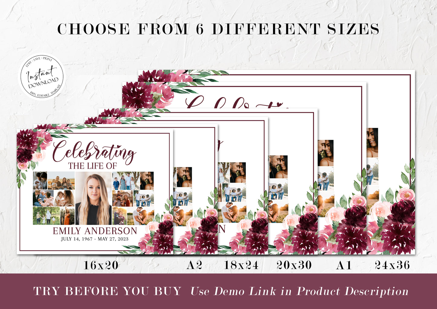 Celebration Of Life Red Photo Collage Funeral Welcome Sign, Red Roses Photo Collage Funeral Poster, Burgundy Photo Collage Memorial Sign R3