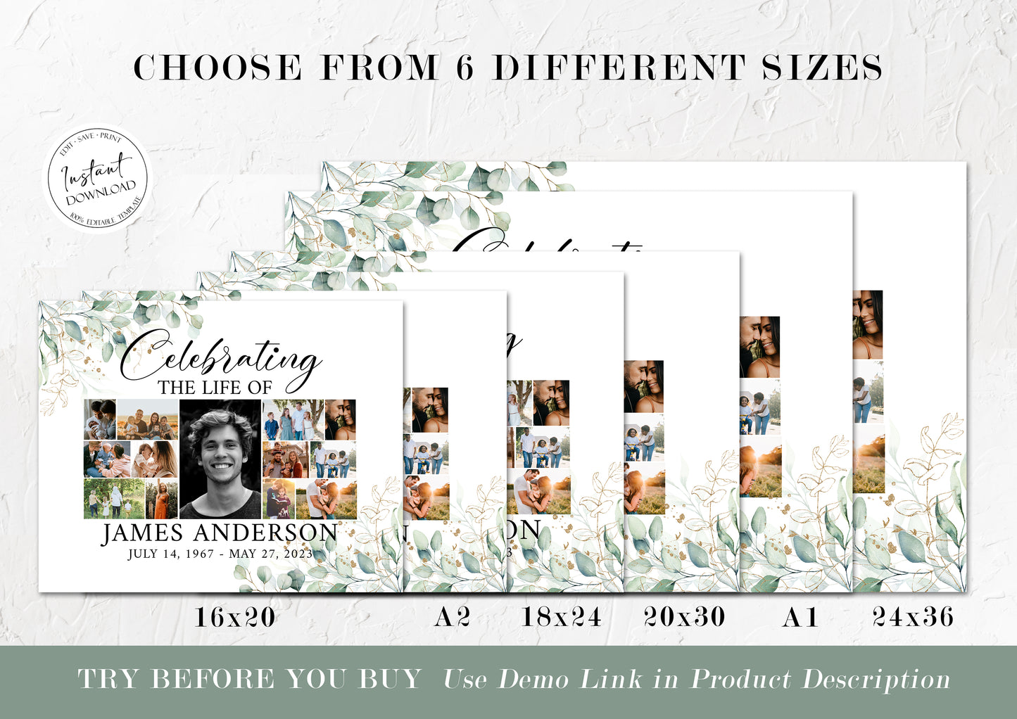 Celebration Of Life Watercolor Greenery Photo Collage Funeral Welcome Sign Template G1