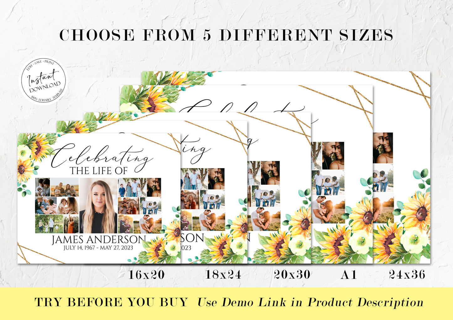 Celebration Of Life Sunflower Photo Collage Funeral Welcome Sign Template, Sunflower Photo Collage Funeral Poster, Sunflower Photo Collage Memorial Sign
